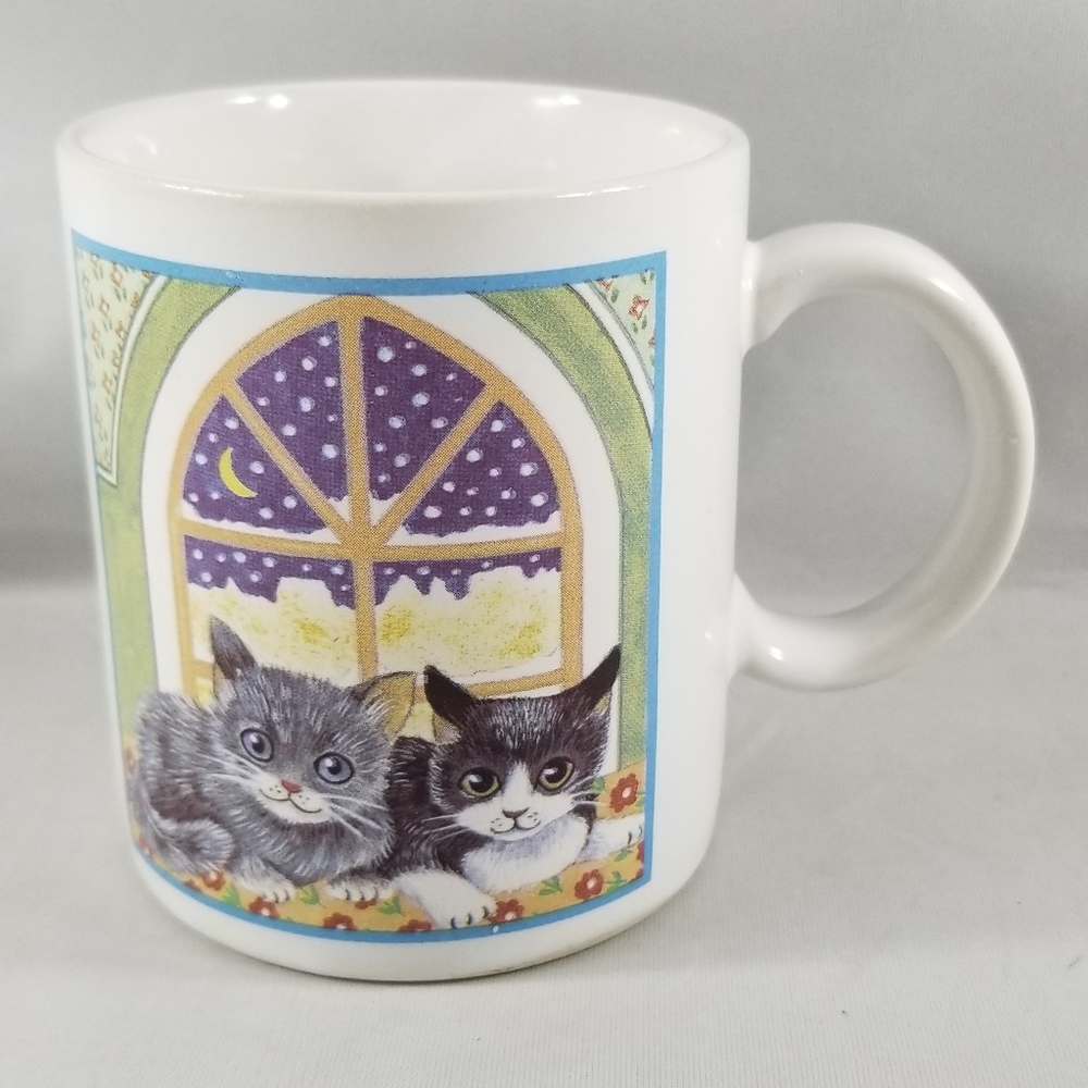 Two Cats On A Window Night Mug Japan Gray Black White Moon Stars